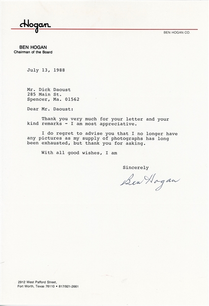 Ben Hogan Typed Letter Signed (Third Party Guaranteed) 