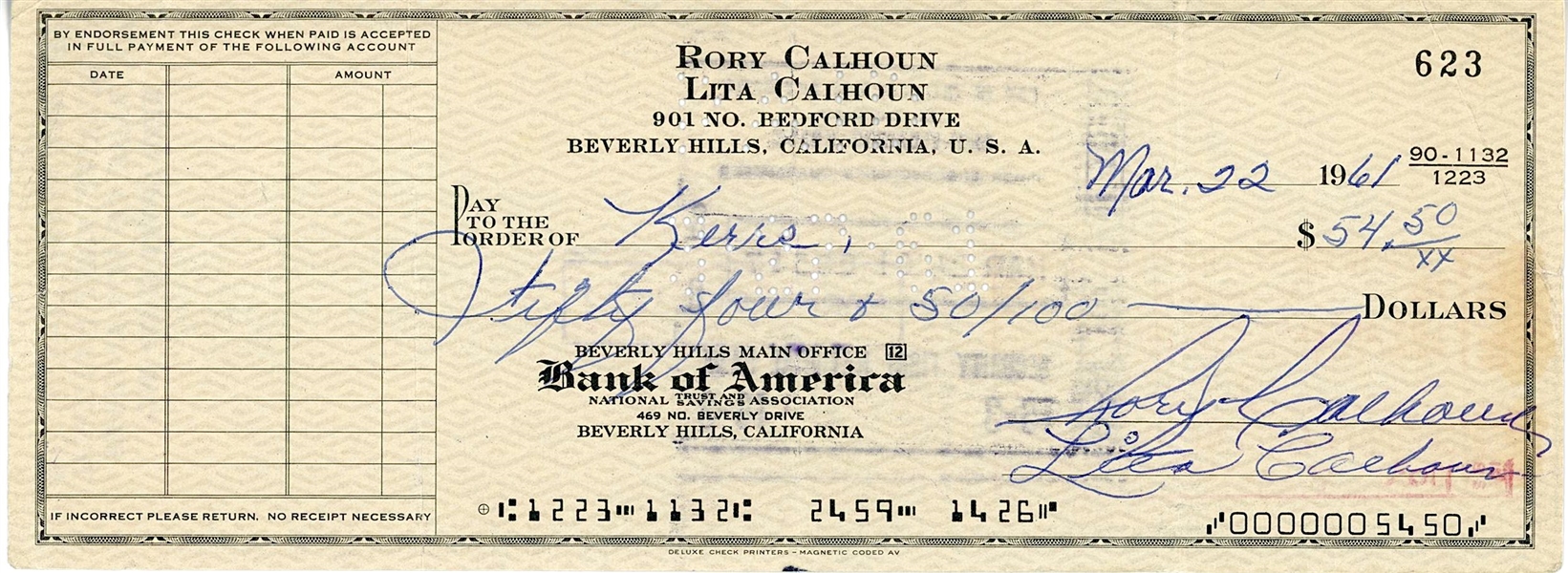 Rory Calhoun Signed Check (PSA Authentication) 