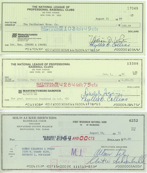 Baseball Commissioners Lot (3) Signed Checks (Third Party Guaranteed)