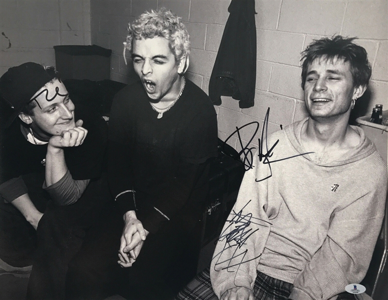Green Day Group Signed 16" x 20" B&W Photograph with All 3 Members (Beckett/BAS LOA)