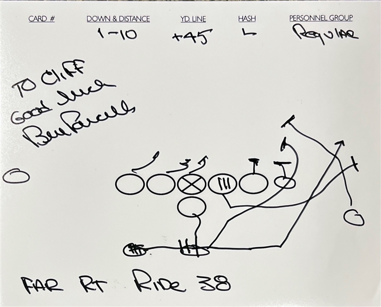 Bill Parcells RARE Hand Drawn & Signed Football Play ("Far RT Ride 38")(Beckett/BAS)