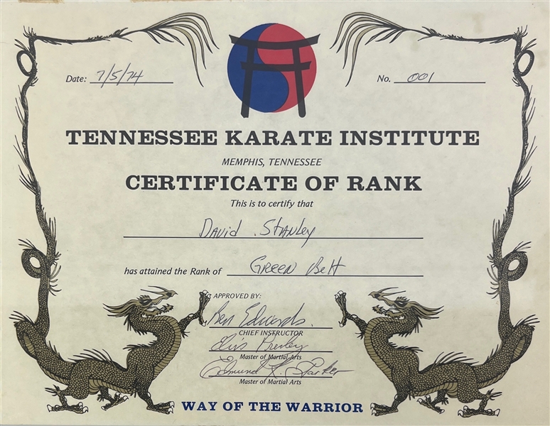 Elvis Presley Signed 1974 Tennessee Karate Institute Rank Certificate - Elvis First Signed Karate Certificate! (Third Party Guaranteed)