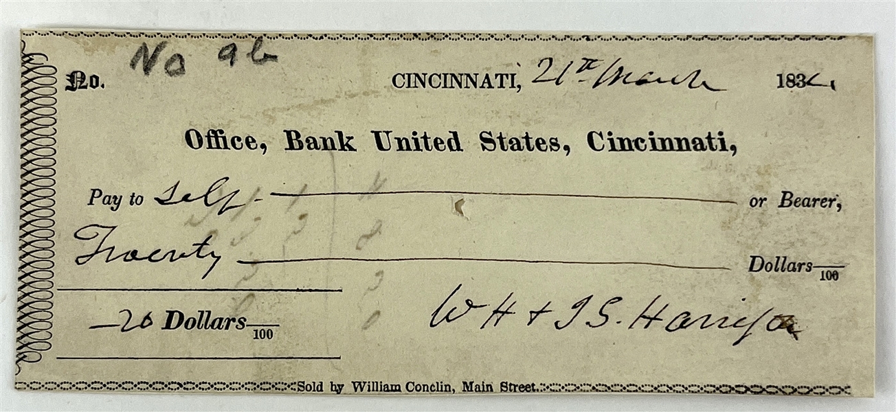 President William H. Harrison Signed 1834 Bank Check (Third Party Guaranteed)