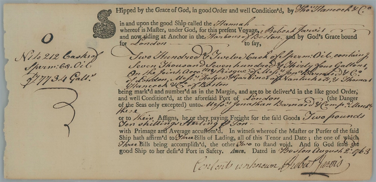 John Hancock Handwritten Receipt Document Including 75+ Words in His Hand [On Behalf of His Uncle Thomas] (PSA/DNA Auto Grade NM 7)  