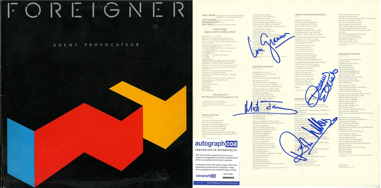 Foreigner: Original Group Signed "Agent Provocateur" Album Cover (ACOA)