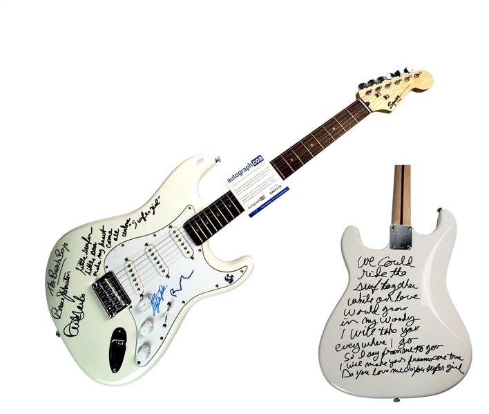 The Beach Boys Group Signed Squier Fender Strat Guitar w/ “Surfer Girl” Lyrics (4 Sigs) (ACOA) 