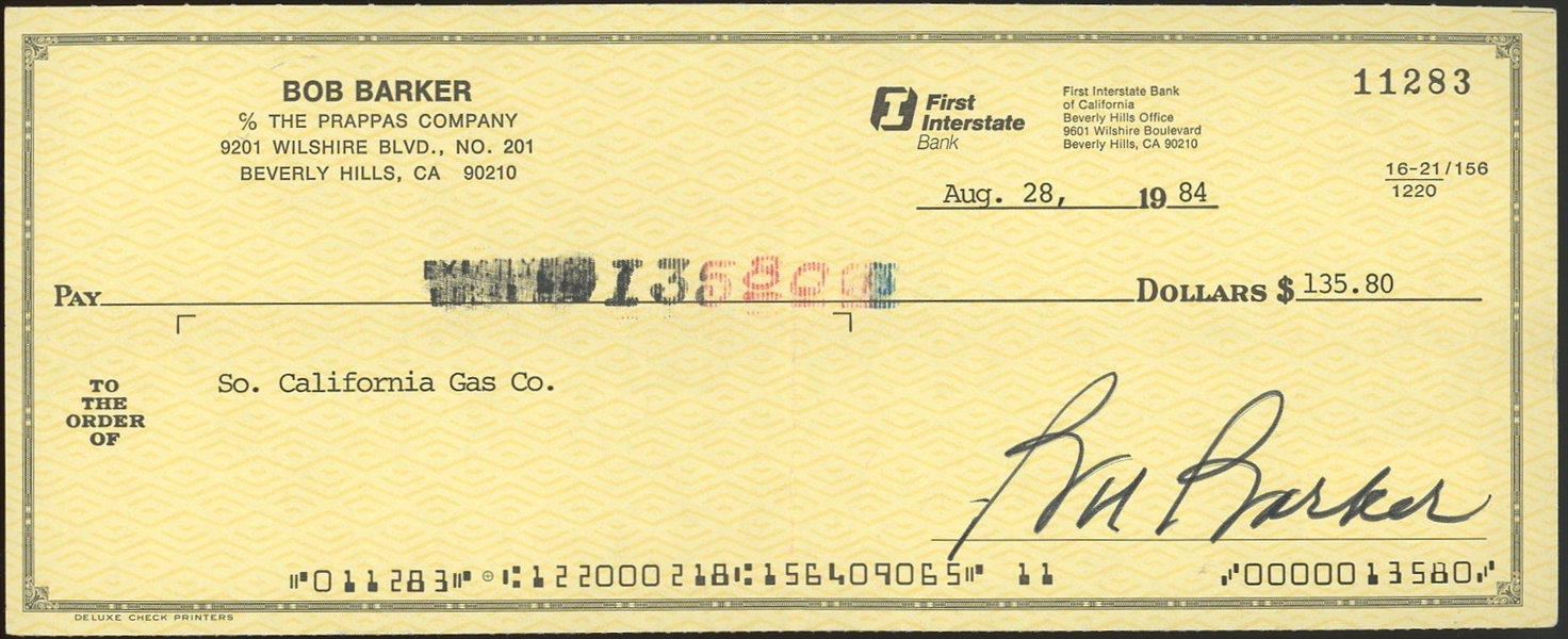 Bob Barker Signed 1984 Bank Check (Beckett/BAS)