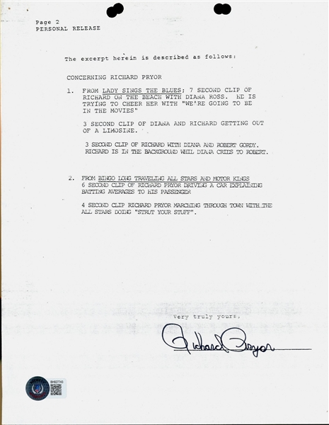 Richard Pryor Signed 8.5" x 11" Motown Personal Release Document (Beckett/BAS)