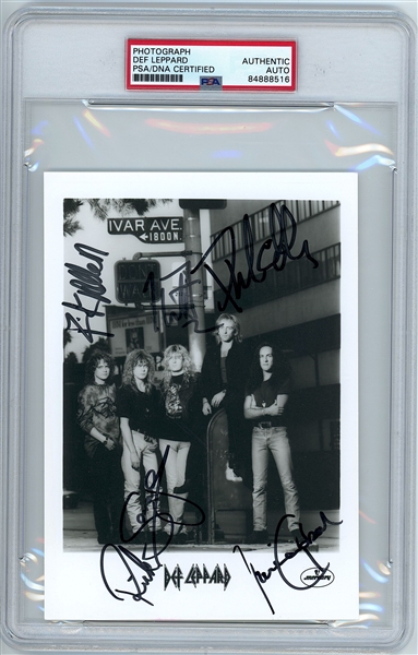 Def Leppard Group Signed 5” x 7” Photo (5 Sigs) (PSA Encapsulated)