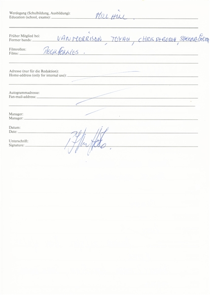 Mike & the Mechanics: Peter Van Hooke Handwritten & Signed “BRAVO” Magazine Lifelines “Q&A” Form (Third Party Guaranteed) 