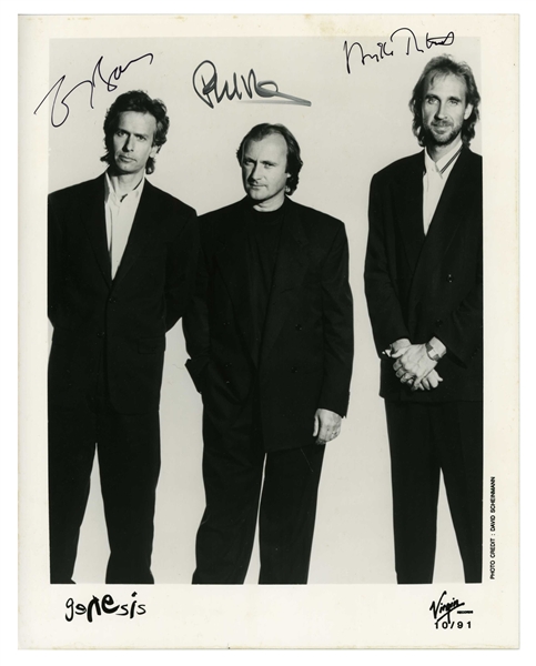 Genesis 1990s Group Signed Virgin Records Promo Photo (3 Sigs) (UK) (Tracks COA) 