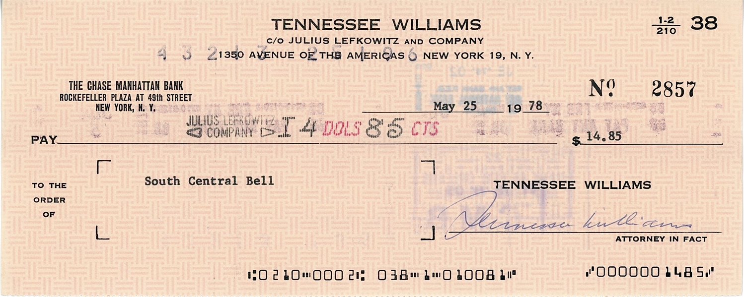 Tennessee Williams Signed Check (PSA Authentication)