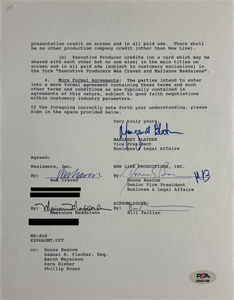 Wes Craven Signed 1992 New Line Cinema Contract (PSA/DNA)