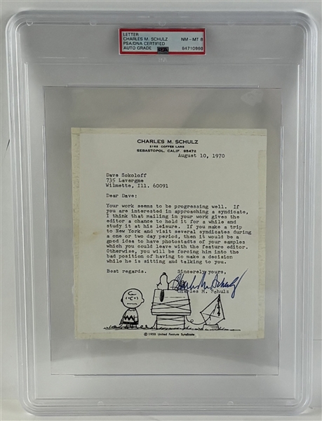 Charles M. Schulz Signed Letter on Charlie Brown & Snoopy Stationary w/ NM-MT 8 Auto! (PSA/DNA Encapsulated)