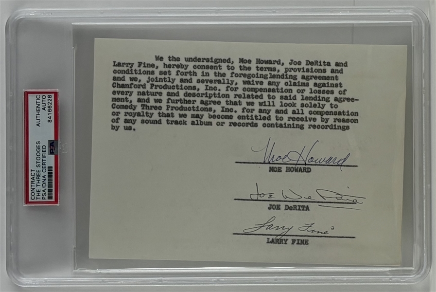 The Three Stooges: Vintage Group Signed 5.25" x 7.25" Contract (PSA/DNA Encapsulated)