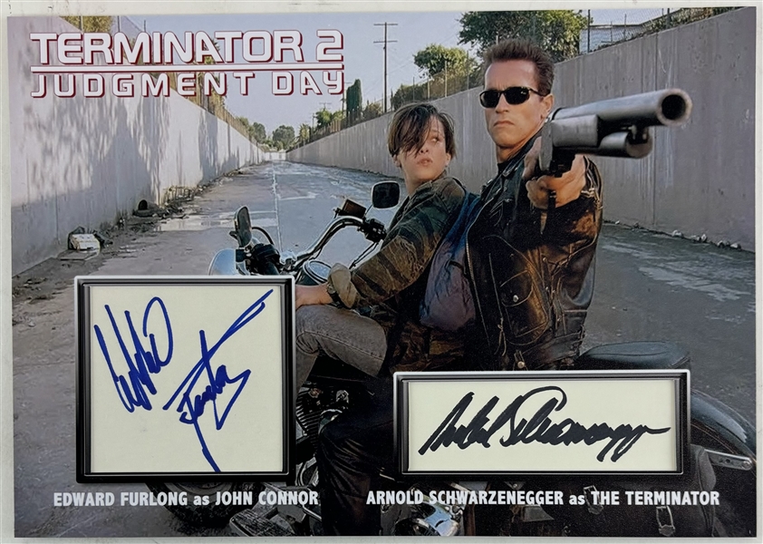 Terminator 2: Arnold Schwarzenegger & Edward Furlong Autographed Segments in Custom Matted Display (PSA/DNA LOA)
