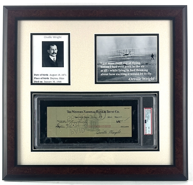 Orville Wright Signed Bank Check in Custom Framed Display (PSA/DNA Encapsulated)