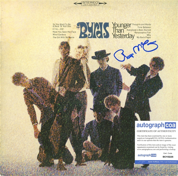 Byrds: RARE Roger McGuinn Signed "Younger Than Yesterday" Album Cover (ACOA)