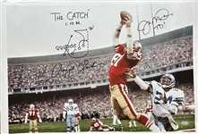 Joe Montana & Dwight Clark Dual Signed "The Catch" Massive 24" x 35" Canvas Print with Clark Handwritten Play Diagram (Beckett/BAS LOA)(Grad Collection)