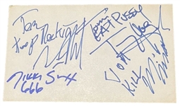 Motley Crue Group Signed 3" x 5" Index Card with Wild Inscriptions! (JSA LOA & Photo Proof)