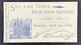 Ticket to the 1893 Dedication of the Salt Lake Temple -- Largest and Best-Known Temple of the Church of Jesus Christ of Latter-Day Saints