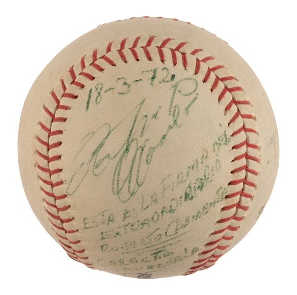 Roberto Clemente Superb 1972 Single Signed Baseball with Two (2) Venezuelan MLB Exhibition Game Ticket Stubs - Clementes Final Games in Venezuela! (JSA LOA)