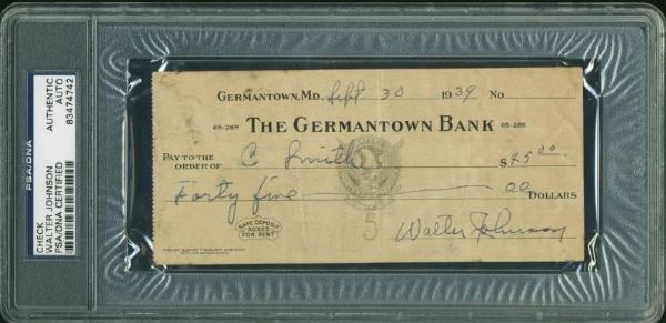 Walter Johnson 1939 Handwritten & Signed Bank Check (PSA/DNA Encapsulated)