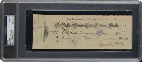 Ty Cobb Handwritten & Signed 1932 Personal Bank Check - PSA/DNA Graded MINT 9