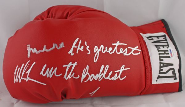 Muhammad Ali & Mike Tyson RARE Dual Signed Glove with "Hes Greatest, Im The Baddest" Inscription (PSA/DNA)