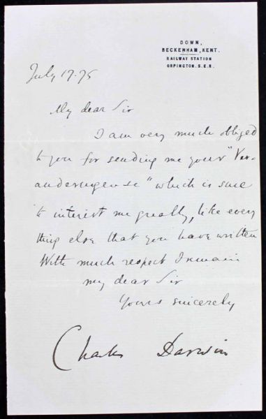 Charles Darwin Signed Letter w/ Exceptional Signature! (PSA/DNA)