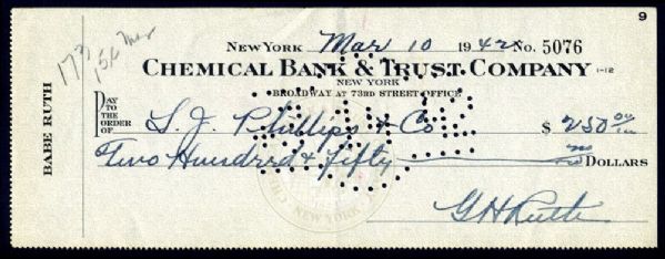 Babe Ruth Exceptional Signed 1942 Personal Bank Check (PSA/DNA)
