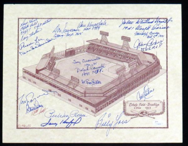 Brooklyn Dodgers: Ebbets Field Multi-Signed 11" x 14" Lithograph w/ Koufax, Drysdale, Lasorda, Snider, Reese & Others (JSA)