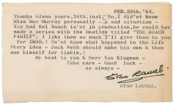 Stan Laurel Vintage Signed Typed Letter w/ New Rock Group The Beatles, Content! (PSA/DNA)
