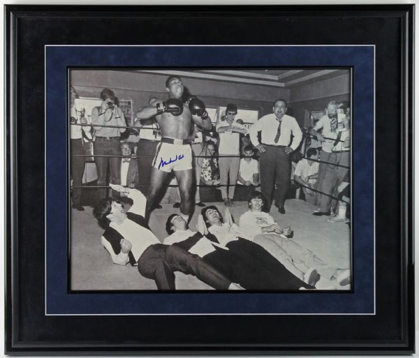 Beautiful Signed & Framed Muhammad Ali 16" x 20" "Over The Beatles" B & W Photo (JSA)