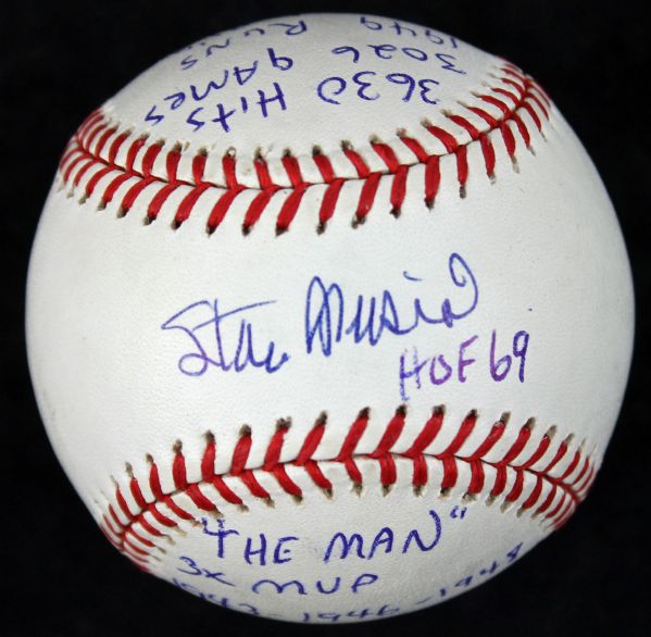 Stan Musial Graded MINT 8.5 ONL Stat Baseball w/8 Unique Inscriptions! (PSA/DNA)