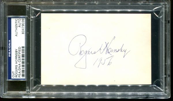 Rogers Hornsby Signed Index Card w/ "1956" Inscription (PSA/DNA Encapsulated)