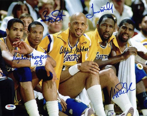 Lakers: "Showtime" Multi-Signed (5) 11"x14" Photo with Magic, Kareem, Worthy, Scott & Thompson (PSA)