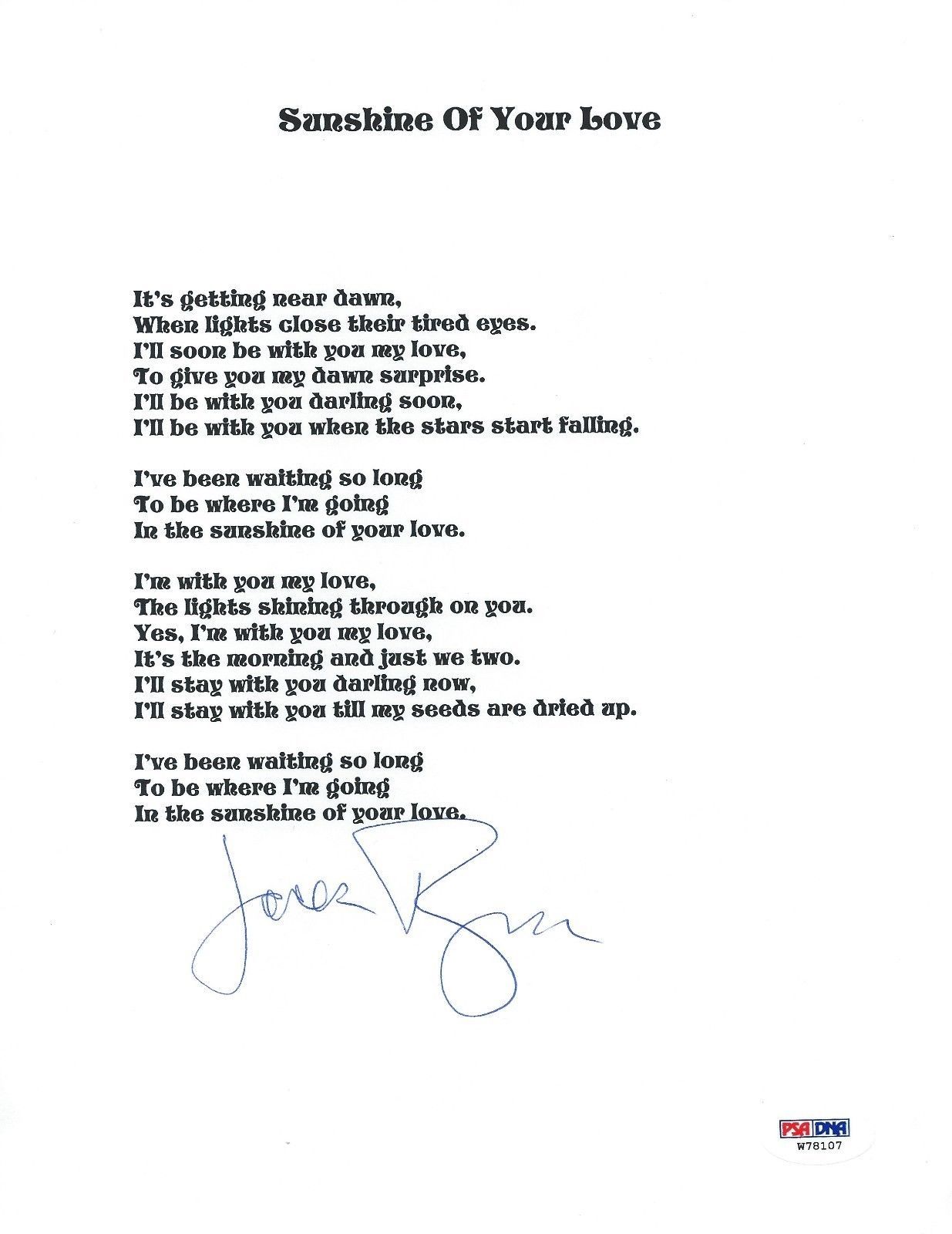 Lot Detail - Cream: Jack Bruce Signed Sunshine of Your Love Lyrics  (PSA/DNA)