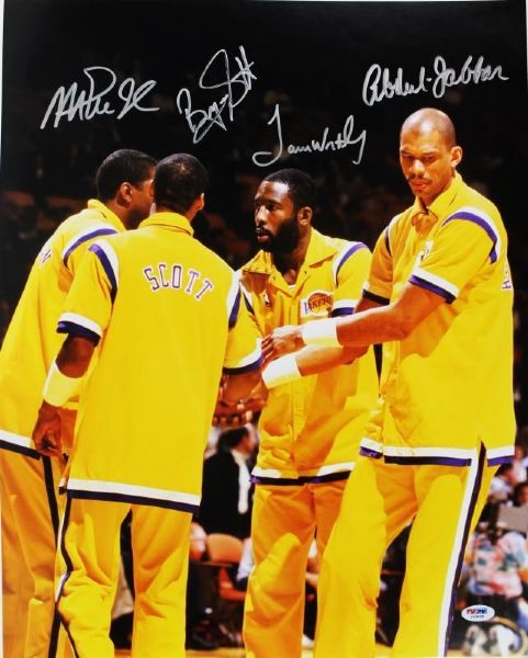 Lakers: "Showtime" Multi-Signed (4) 16" x 20" Photo with Magic, Kareem, Worthy & Scott (PSA/DNA)