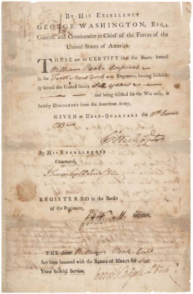 President George Washington Signed 1783 Military Discharged & Rare Badge Of Merit Appointment! (JSA) 