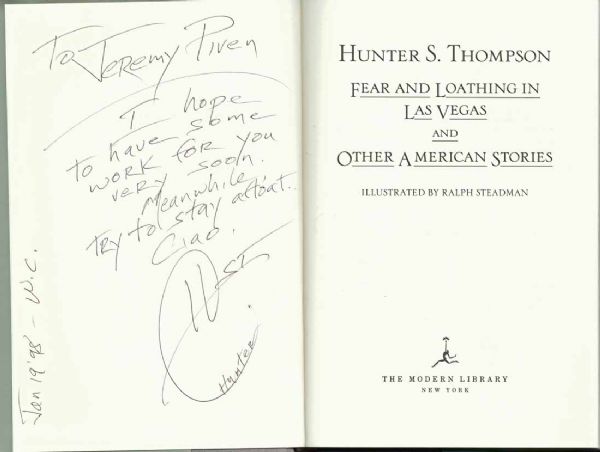 Hunter S. Thompson Signed "Fear & Loathing In Las Vegas" Book to Jeremy Piven Regarding 1998 Movie Role! (PSA/DNA)