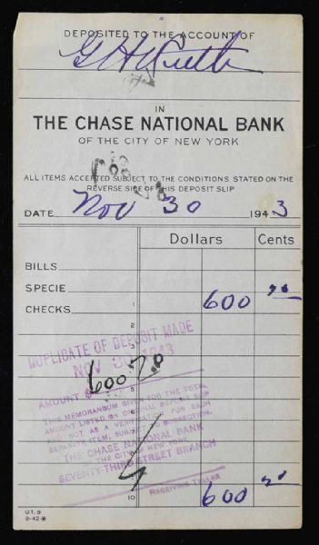 Babe Ruth Signed 1943 Chase Bank Deposit Slip w/ Superb "G.H Ruth" Signature! (PSA/JSA Guaranteed)