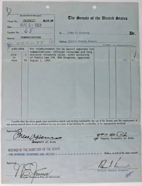President John F. Kennedy Signed 1954 Personal Senate Telephone Bill (PSA/DNA)