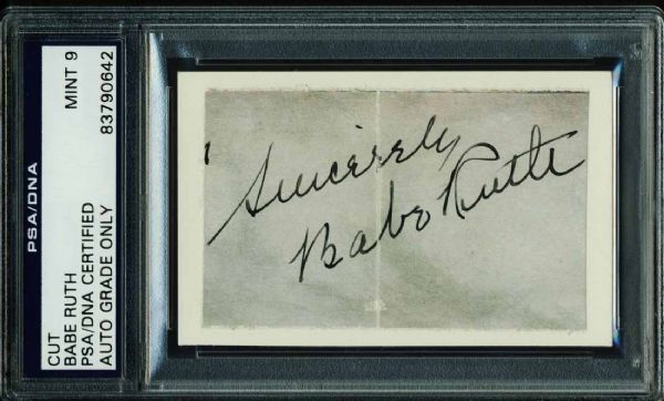 Babe Ruth Superbly Signed 2.5" x 3.5" Album Paged PSA/DNA Graded MINT 9