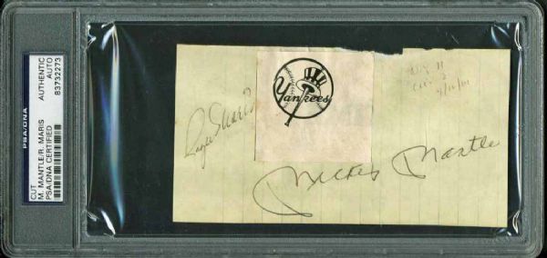 M & M Boys: c.1961 Dual Signed 3" x 5" Album Page w/ Mickey Manlte & Roger Maris (PSA/DNA Encapsulated)