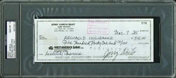 The Grateful Dead: RARE Jerry Garcia Signed 1985 Bank Check (PSA/DNA Graded GEM MINT 10!)
