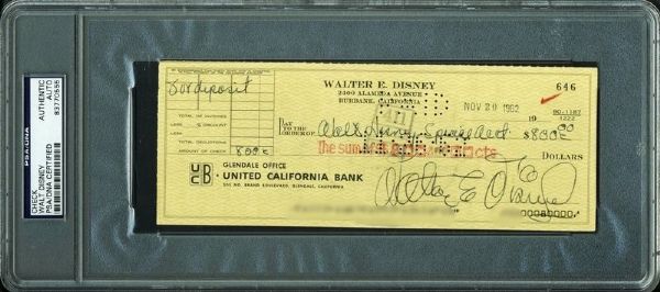 Walt Disney Vintage Signed Bank Check with Choice Signature (PSA/DNA Encapsulated)
