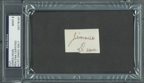EXTREMELY RARE James Dean Signed 1.25" x 1.75" "Jimmie Dean" Cut - PSA/DNA Graded MINT 9!