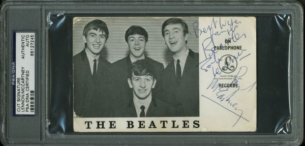 The Beatles: John Lennon & Paul McCartney Rare Front Signed 1963 UK Parlaphone Promo Card (PSA/DNA Encapsulated)