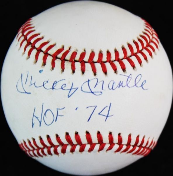 Mickey Mantle Superbly Signed OAL Bobby Brown Baseball w/ "HOF 74" (PSA/DNA)